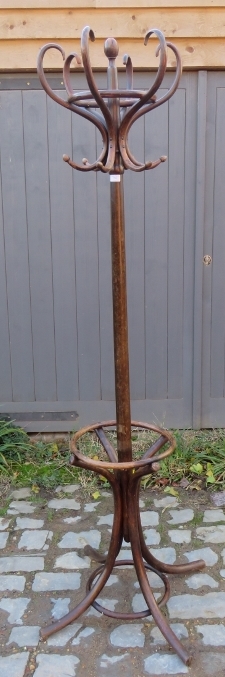 A vintage bentwood hall stand with six hat and coat hooks and umbrella rack below, on splayed - Image 3 of 3