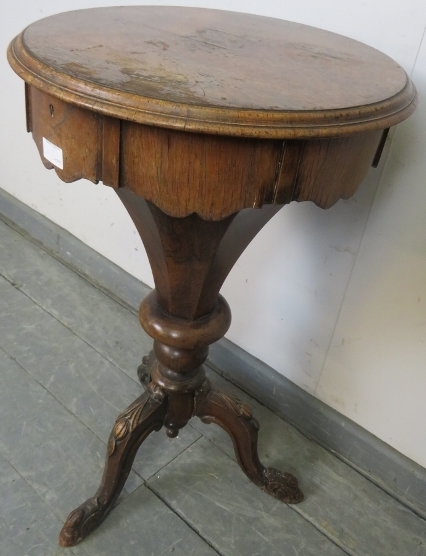 A Victorian rosewood trumpet/work table, the circular lid opening onto an array of lidded - Image 2 of 3