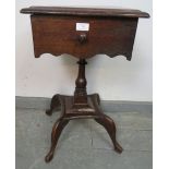 An 18th century and later oak pedestal jewellery box, the two drawers opening onto a fitted interior