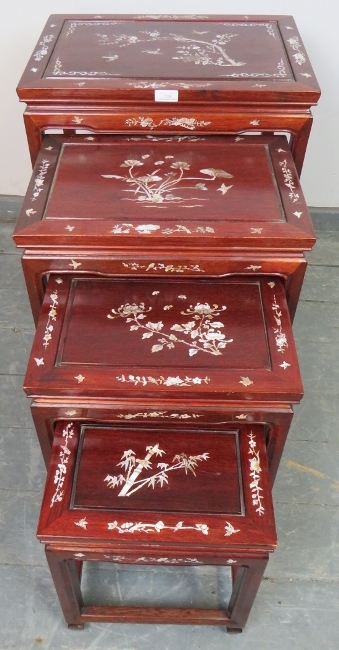 A vintage Chinese hardwood quartetto of nesting tables, featuring mother of pearl inlay depicting - Image 3 of 5
