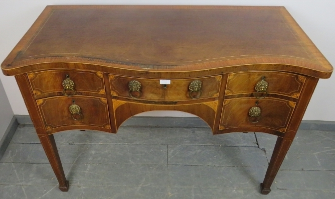 A George III serpentine fronted mahogany and satinwood sideboard, crossbanded and strung with ebony, - Image 3 of 3
