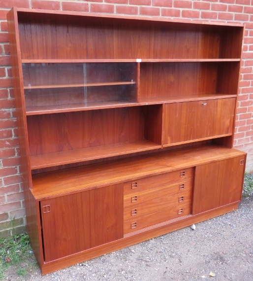 A mid-century Danish teak wall unit by Sejling Skabe, the top section with fall front bureau and - Image 2 of 4