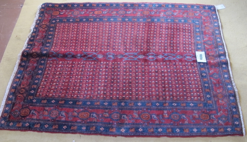 North West Persian Senneh rug, central repeat pattern divided by blue motif on burgundy ground, very - Image 3 of 4