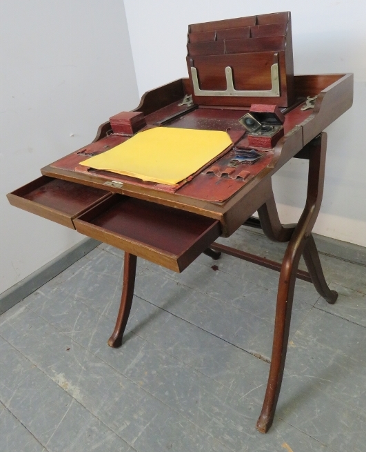 A fine quality 19th century mahogany campaign desk, the fitted interior with folding letter rack, - Image 4 of 6