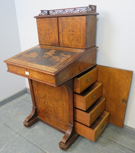 A Victorian burr walnut Davenport, the stationary compartment upper gallery featuring marquetry - Image 5 of 5