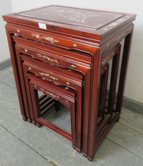A vintage Chinese hardwood quartetto of nesting tables, featuring mother of pearl inlay depicting - Image 2 of 5
