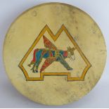 A hand decorated 18"" Irish Bodhrán drum with winged cow design. Condition report: Needs cleaning.