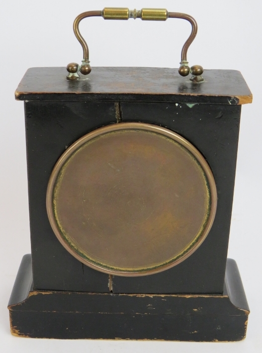 A small French Ormulu mounted mantle clock with half ebonised walnut case and enamel dial. no key. - Image 3 of 6