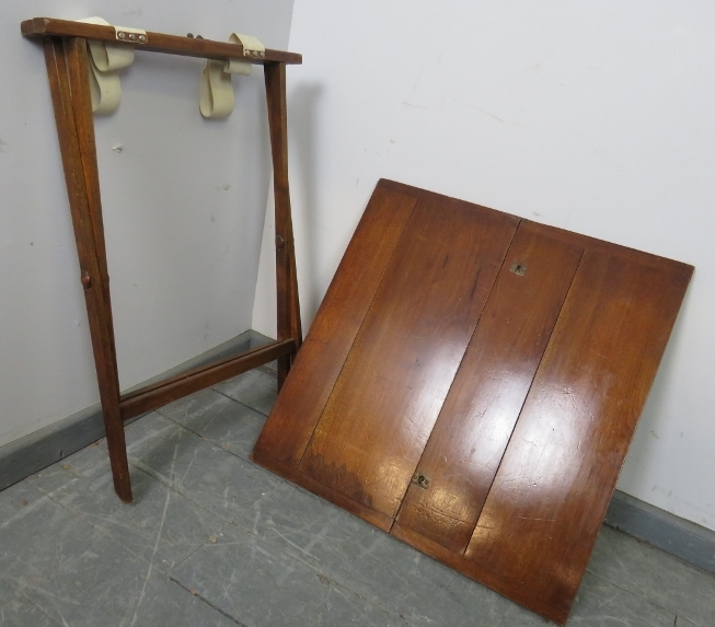 A 19th century mahogany folding campaign card table, with cast iron fittings, the canvas straps - Image 3 of 5