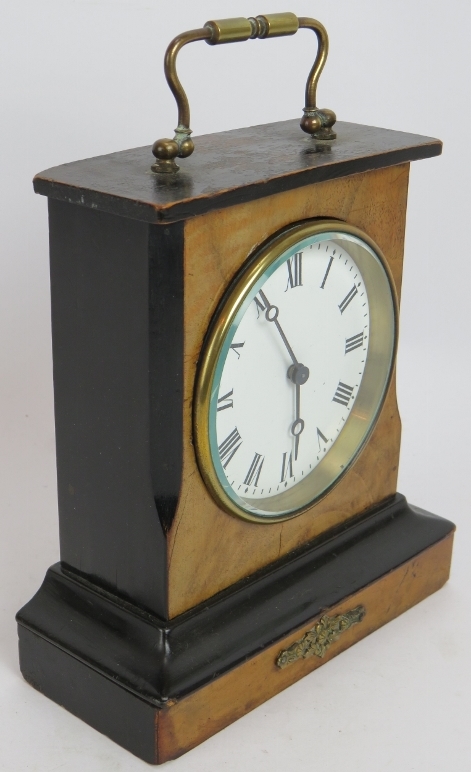 A small French Ormulu mounted mantle clock with half ebonised walnut case and enamel dial. no key. - Image 2 of 6