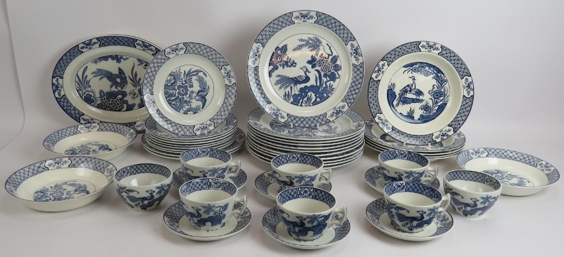 45 pieces of Wood & Sons 'Yuan' pattern pottery including 6 cups and saucers, 2 platters, 21