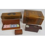 An antique 19th century inlaid work box, a 19th century Sorrento ware glove box, a small Italian