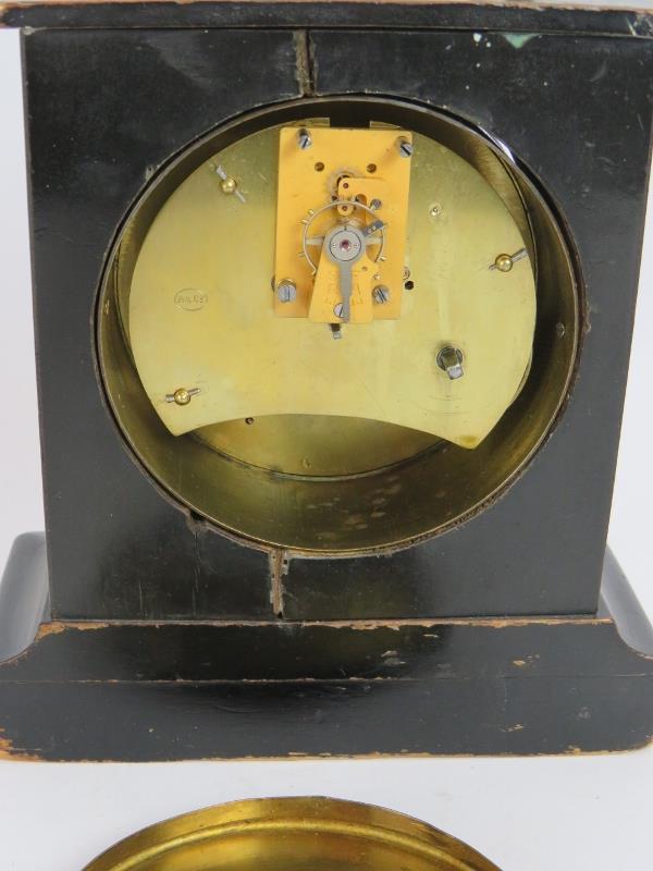 A small French Ormulu mounted mantle clock with half ebonised walnut case and enamel dial. no key. - Image 4 of 6
