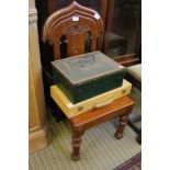 A late 19th century mahogany finished Gothic design Hall chair, together with a metal storage box