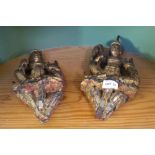 TWO CARVED & PAINTED WOODEN INDIAN FIGURES with inset mirror mosaic base