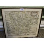 A 17th-century later hand coloured map of Essex by Robert Morden, published in 1695 glazed in