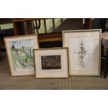 Three original artworks to include a 19th-century watercolour of the interior of a Coventry church