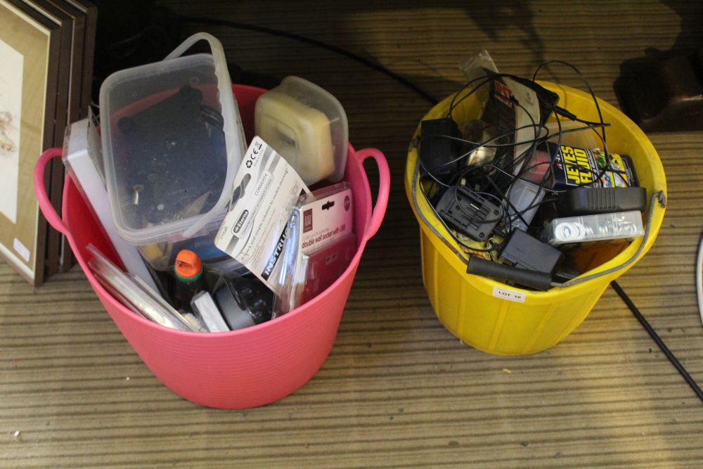Two plastic receptacles containing a selection of DIY and domestic items, various