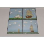 A set of four early 20th century double sided coloured sand panels, featuring sail ships and