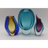 A turquoise 20th century Art glass vase of ovoid form 17cm high, together with two amorphic glass
