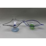 Two 20th century Art glass fruit bowls of amorphic form, on raised platform bases, one 18cm high,