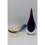 A mid-20th century Murano glass sculpture of droplet design, red tapering to blue with a clear