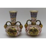 A pair of Royal Crown Derby porcelain vases, flared neck squat body bottle form, each with two
