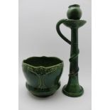 Two items of green glazed art pottery, to include an Art Nouveau design planter bearing the name