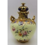 A late Victorian Royal Crown Derby porcelain vase with cover, richly gilded cobalt blue cover with