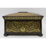 A 19th century rosewood sarcophagus form tea caddy, decoratively brass inlaid, raised on bun feet,