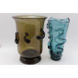 Two mid-20th century Art glass vases, one blue with applied serpentine decoration, 25cm high, the