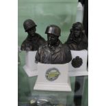 Three bronze effect cast resin military busts on marble effect plinths