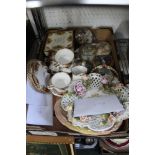 A box of domestic pottery to include 19th-century pot lids Royal Albert Old Country Roses tea