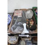 A box containing a mixed selection of domestic items to include vintage monopoly