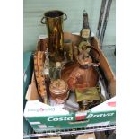 A box containing a selection of domestic brass and copper wares various to include a wooden set of