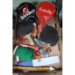 A box containing a selection of domestic collectables to include vintage table tennis