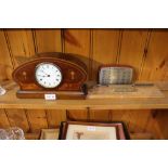 An inlaid wooden cased Mantel clock, together with a golfing trophy and a desktop measure