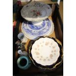 A box containing a selection of domestic pottery and porcelain to include Spode's blue-and-white