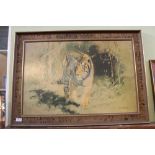 A wood effect framed plate overmantel mirror, together with a larger print of a tiger by Leonard