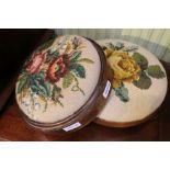 Two floral wool work pad top footstools