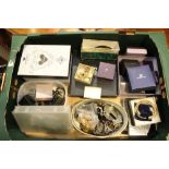 A box containing a varied selection of costume jewellery and associated items