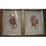 Jacquie Jones, a pair of pencil and watercolour wash studies of flat racehorses with jockeys up each