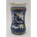 An 18th century Italian tin-glazed earthenware albarello, blue painted landscape decoration,