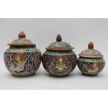 Three 19th century Chinese Thai market Bencharong (five colours) lidded ceramic bowls, exterior with