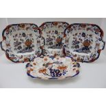 Three 19th century Minton Amherst Japan pattern serving dishes of square form, blue factory