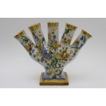 A mid-20th French faience Quintal or Tulipiere, modelled with five necks on rectangular base,