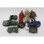A collection of toys, to include three 'Star Wars' figures, various military vehicles, and a '