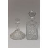 A square Bohemian lead crystal spirit decanter, all over faceted & star cut decoration, canted