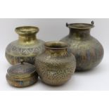 Four middle Eastern brass pots, with chased & repousse decoration, the largest 16cm high