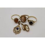 Three 9ct gold dress rings, one cameo set, together with; a pair of 9ct gold cameo mounted earrings,